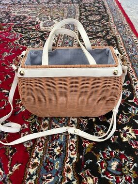 White-Trim Tan Wicker Crossbody Tote